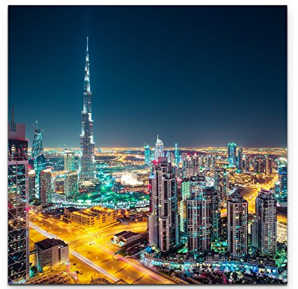 Paul Sinus Art Leinwandbilder | Bilder Leinwand 60x60cm Skyline bei Nacht Dubai – UAE