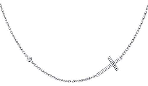 Damen Halskette mit Kreuz Horizontale Anhänger aus 925 Sterling Silber mit Rundschliff Zirkonia für Frauen Mädchen Baby Kinder - Verstellbar Kettenlänge: 40 + 5 cm