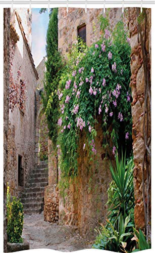 ABAKUHAUS Urlaub Schmaler Duschvorhang, Antike Architektur Blumen, Badezimmer Deko Set aus Stoff mit Haken, 120 x 180 cm, Mandel Grün