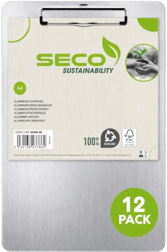 SECO A4 Aluminium Clipboard | Pack of 12 | Document Holder | Heavy Duty | Metal Clip | Rigid Aluminium Board | A4 Documents | Office, School & Warehouse Use