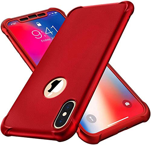 ORETECH Kompatibel mit iPhone XS Max Hülle mit 2 Stück Schutzfolie, 360 Grad Stoßfest Kratzfeste Dünn Schutzhülle TPU Silikon Hart PC Handyhülle für iPhone XS Max 6,5 Zoll, Rot