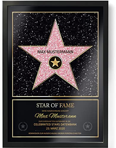 GOODS+GADGETS Persönlicher Hollywood Stern Walk of Fame Stil - Star of Fame Urkunde mit Name und Holzrahmen Personalisiert mit Namen und Datum Wanddeko mit Bilderrahmen (DIN A4-21 x 30 cm)