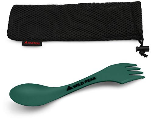 Wild Peak Plastic Spork - Lightweight & Strong All in one Spoon, Fork, Knife Cutlery with Optional Storage Bag ▲ (Army Green, with Storage Bag)