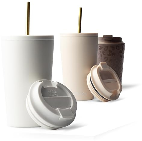 MAMEIDO Thermobecher mit Strohhalm 470 ml (Whipped Cream) | 4h heiß/12h kalt, auslaufsicher & BPA-frei mit Strohhalm- & Klappdeckel, Kaffeebecher to go aus Edelstahl – für Autohalter