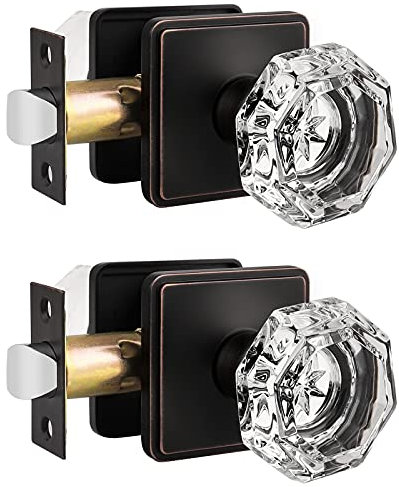 Orger Passage Hall Closet Door Knobs Interior, Clear Octagon Crystal Glass Door Knobs with Oil Rubbed Bronze Finish, Keyless Non-Locking Passage Door Knob Set with Square Back Plate, 2 Pack