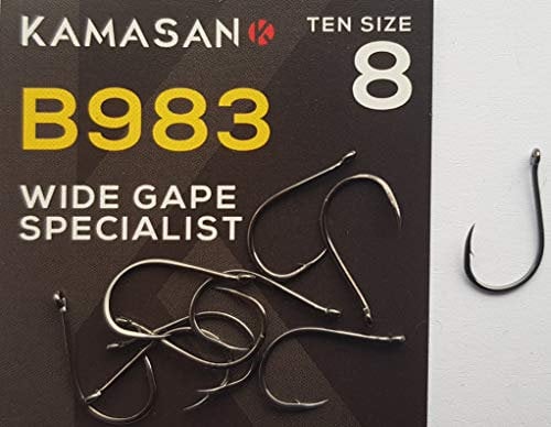 KAMASAN B983 WIDE GAPE SIZE 8 FISHING HOOKS WITH ANGLED EYE CARP COARSE TACKLE PERCH DROP SHOT DROPSHOTTING (10 HOOKS PER PACKET)