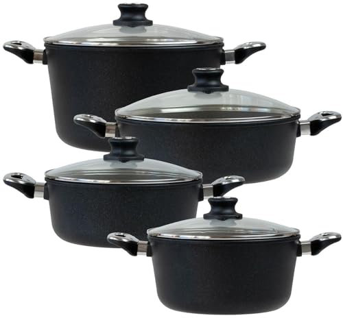 BAF Kochtopf Set Induktion 8-tlg. Bratentopf 24 cm + 28 cm, Kochtopf 24 cm & Gemüsetopf 28 cm - Topfset Aluguss beschichtet - Made in Germany