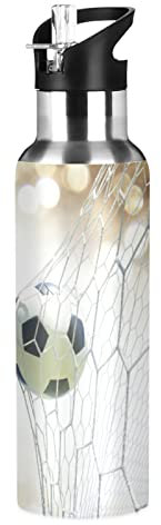 Vnurnrn Football Sport Gitter Football Bouteille d'eau Isotherme avec Paille en Acier Inoxydable Gourde 600ML, Sans Bpa Gourdes Eau pour Enfant Sport Randonnée École Bureau