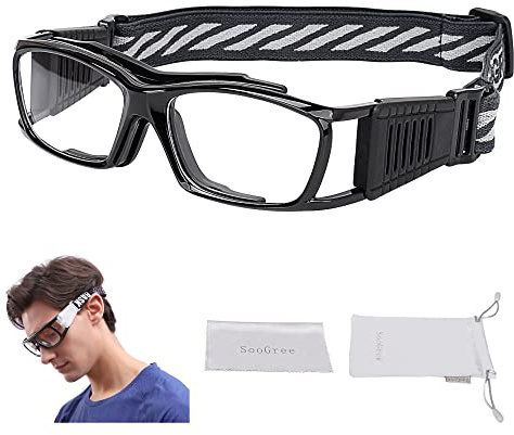 SooGree Racquetball-Schutzbrille – Sportbrille, Basketball, Fußball, Schutzbrille, Anti-Beschlag, Stoßdämpfung mit verstellbarem Riemen (G8015 schwarzer Rahmen, schwarzes Pad)