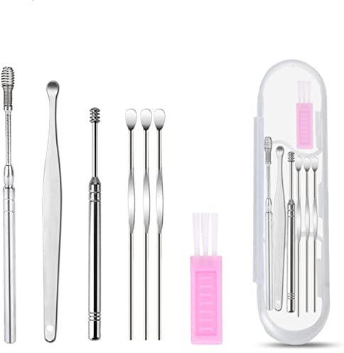 1x EWANTO Ohrenreiniger Set 6 in 1 Rostfreier Stahl Farbe Silber Rosa wiederverwendbare Ohrreiniger mit Aufbewahrungsbox Ohrpflege für Kinder Jugendliche und Erwachsene Reinigung Set Ear Cleaner