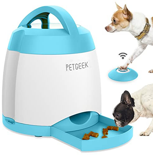 PETGEEK Automatic Dog Treat Dispenser with Button, Dual Power Supply and Remote Control, Dog Puzzle Toys and Interactive Toys for Indoor or Outdoor Play (Blue)