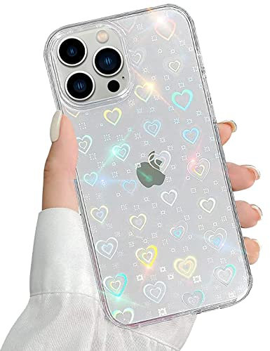 QUESPLE Kompatibel mit iPhone 13 Pro Max Hülle Transparent Glitzer Herz Muster für Frauen Mädchen Mode Weiche Langlebige Schlanke TPU Handyhülle, Hart PC Rückseite Kratzfest