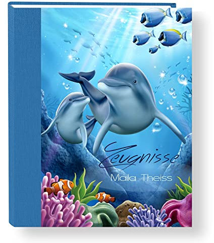 Zeugnismappe personalisiert Delfin Family A4 ca. 31x24 cm blau Zeugnisbuch Delphin Urkundenmappe Einschulung Schulanfang