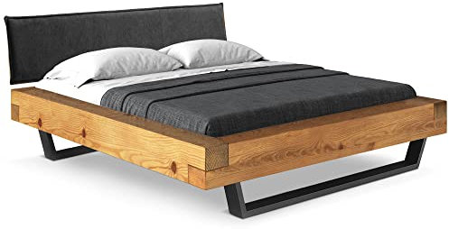 moebel-eins CURBY Balkenbett mit Polster-Kopfteil, Kufenfuß, Material Massivholz, 200 x 220 cm, Natur, Stoff Anthrazit