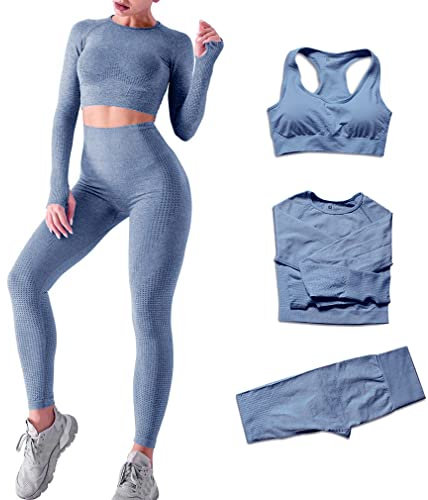DONYKARRY Damen 3-teiliges Nahtloses Trainingsanzug Yoga Outfit Jogginganzug Set Freizeitanzug（Grau,S）