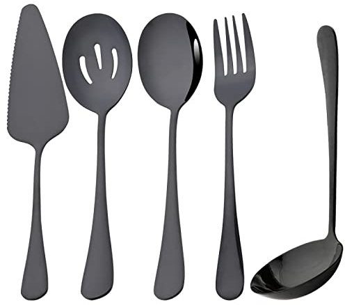 Set di Stoviglie in Oro da 5 Pezzi Posate da Portata in Acciaio Inossidabile,Nero