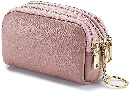 AprinCtempsD Porte-Monnaie Petit en Cuir Véritable Portefeuille Mini Zippé Porte-Cartes avec 3 Zips pour Femme Fille (Pink)