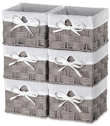EZOWare Lot de 6 Panier de Rangement de Papier Torsadé, Boîte Tressé Décorative avec Doublure en Tissu Pour la chambre de bébé, les jouets pour enfants, la maison - (14x14x10 cm, Gris)