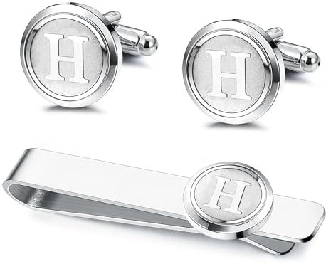 Kakonia 2Pcs Bouton de Manchette Pince à Cravate Homme Bouton de Manchette Pince à Cravate Personnalisée Noire Skinny Argent pour Mariage Affaires La fête 26 Lettres H