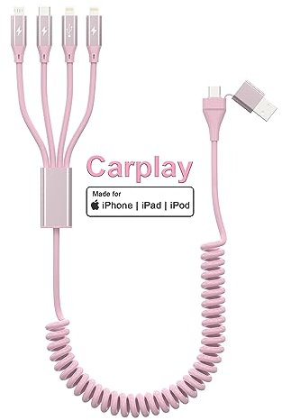 Coiled Multi Charging Cable, 4 in 2 USB C/A to Type-C/2*Lightning/Micro USB Multiple Charger Cable for Cell Phones, Apple CarPlay Cable with Data Sync, Pink
