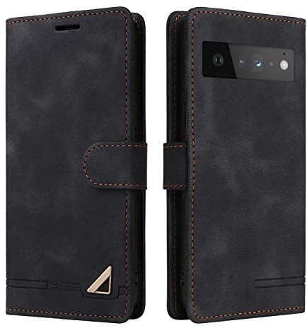 OKZone Kompatibel mit Google Pixel 6 Hülle, Halterung Standfunktion Kartenfach Wallet Schutzhülle 360 Grad Stoßfest Premium Leder Schutzhülle Handyhülle für Google Pixel 6 (Schwarz)
