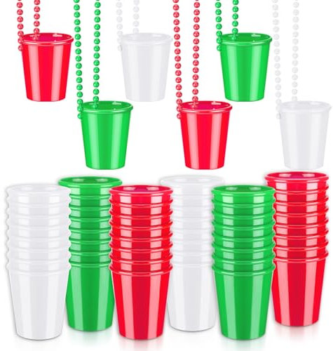 Landical 48 Pcs Christmas Shot Glass Necklaces Bulk 2 oz Plastic Shot Glass on Beaded Necklace Plastic Italian Shot Glass Necklace Beaded for Christmas Party Favor, Red Green White
