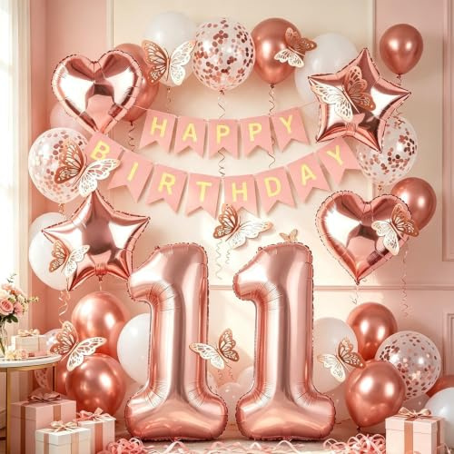 11th Birthday Decorations for Girls, Rose Gold 40 Inch Number 11 Foil Birthday Balloons with Happy Birthday Banner and Butterfly Stickers