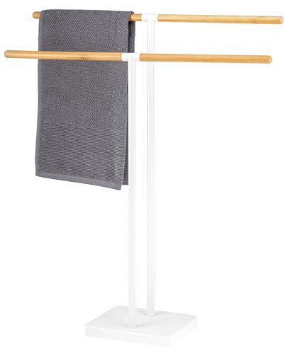 eluno Stand-Handtuchhalter freistehend, 2 Stangen, Handtuchständer, Bambus/Metall (Weiß)