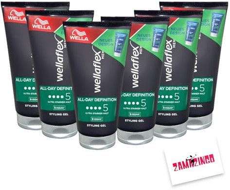 Wella Wellaflex Styling Gel Men All-Day Definition | VEGAN | Ultra Starker Halt 150ml | Styling Gel für ultra starken Halt | Sofortiger Halt bis zu 48H inkl. Zama4Zingo Karte (6er Pack, Gel)