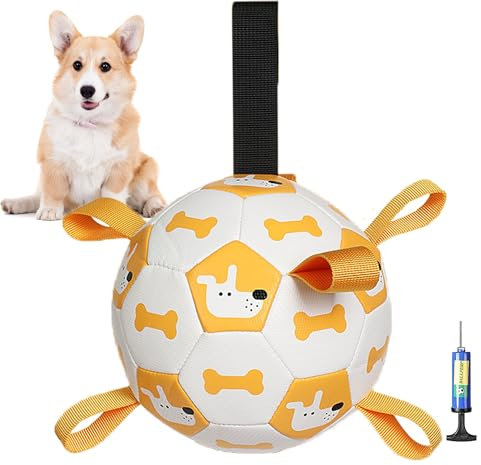 YUEMING Hundespielzeug Ball, Hundefußball mit Griff und Pumpe, Dauerhaft Hundespielzeug für Kleine Mittlere Große Hunde Fußball für Hunde, Wasserspielzeug (Weiß, 15cm)