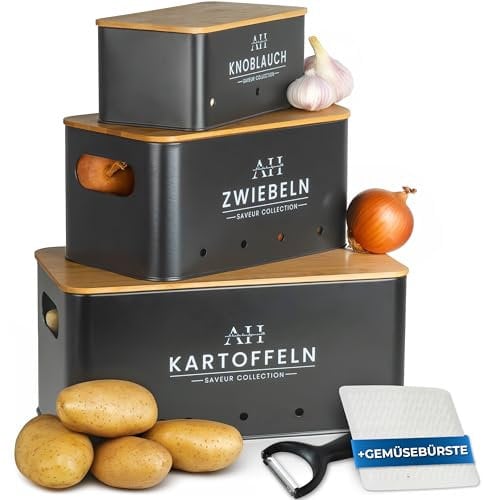 AH® Kartoffel Aufbewahrungsbox inkl. Gemüsebürste [4er Set]- zwiebeltopf, kartoffelbox - Geeignet für gemüse aufbewahrung zwiebel aufbewahrung & kartoffel aufbewahrung