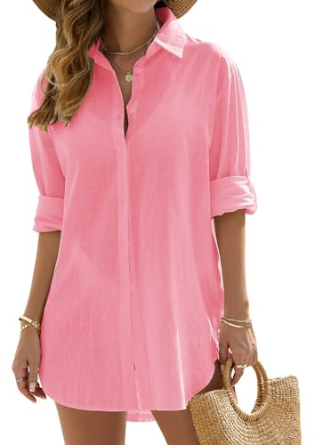 Vancavoo Women's Beach Cover Up Shirts Bikini Coverups Swimsuit Beach Dress Cotton Button Down Casual Long Sleeve Beachwear Loose Cardigan Blouse Tops Swimwear