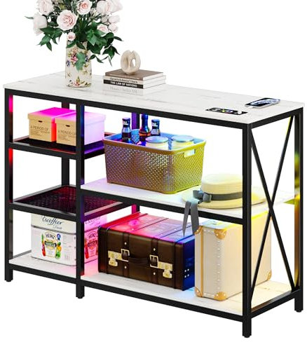 Lvifur Konsolentisch,Eingangstisch aus Holz und Metall,Beistelltisch mit LED Leuchten,Sofatisch mit 2 Gitterablagen für Eingang, Flur, Wohnzimmer,120x80x40cm