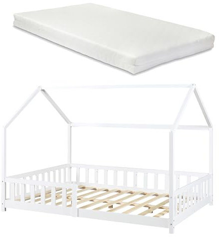 [en.casa] Kinderbett Hesel Hausbett mit Matratze 140 x 200 cm Weiß mit Rausfallschutz und Lattenrost Montessori Bodenbett Jugendbett Holzbett