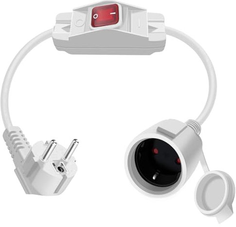 HuaLiSiJi Cable D'extension Schuko avec Interrupteur 16A 250V Rallonge électrique Courte Schuko,Câble Court 2 AC Prise IP44 pour Une Utilisation Extérieure ou Intérieure (90° Blanc 1m)