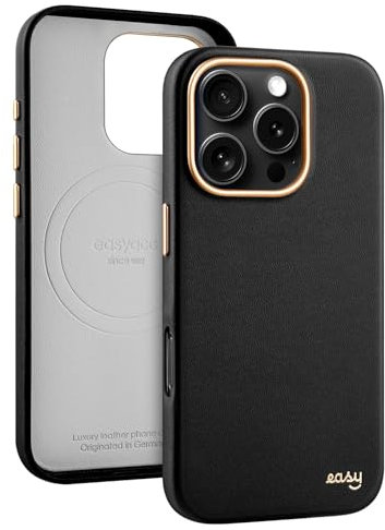 EasyAcc for iPhone 16 Pro Max Case,Compatible with MagSafe,Eco Leather,Dirt Resistant,Scratch-Resistant,Metal Buttons,Luxury Phone Cover for iPhone 16 Pro Max,Shockproof,Drop Protection,Black-Gold