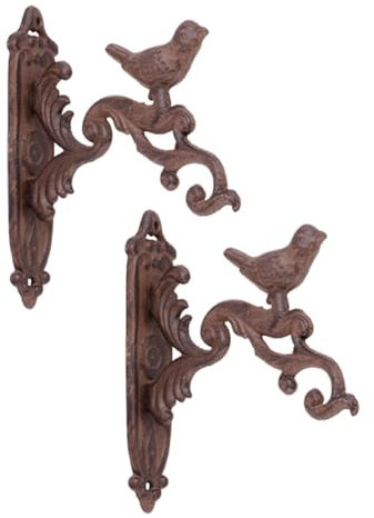 Hanging Basket Bracket Heavy Duty Outdoor Cast Iron Plant Hanger Hooks Brown Ornate Scrolled Bird Wall Mounted Vintage Style Garden Décor (2)