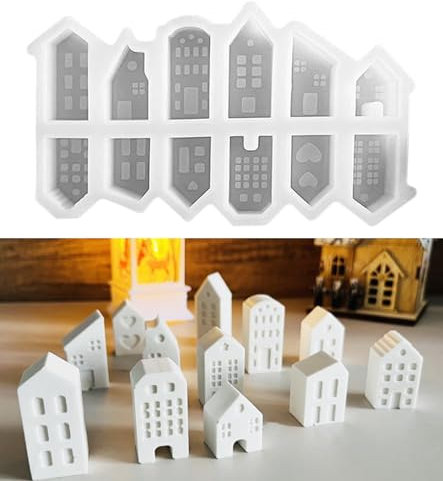 Octonyluck Stampi in silicone per case, mini case, 12 stampi in silicone, per versare con gesso, per calcestruzzo, cera, colata in polvere, stampo per case (bianco)