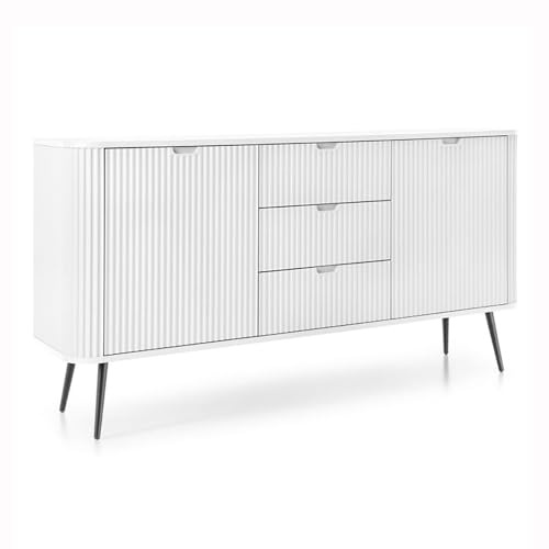 Lomadox Sideboard Anrichte Kommode Schrank weiß mit Rillen gerillt Metallfüßen in schwarz Türen Schubladen 168x87x39 cm