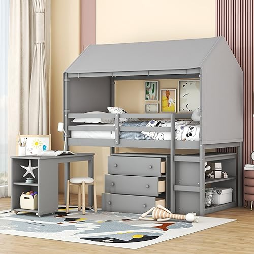 Twin Size Functional Loft Bed with Desk, Rolling Cabinet, Bookshelf and Tent, Full-Length Guardrail on Top Bunk for Safety, No Box Spring Required, 78.3 L x 39.3 W x 76.4 H White (Grey Twin)