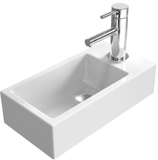 EMKE Lavabo Suspendu 405 x 205 x 105 mm – Lavabo Compact et Élégant pour Petites Salles de Bain et WC Invités – Robinet à Droite, Installation Murale, Blanc Brillant