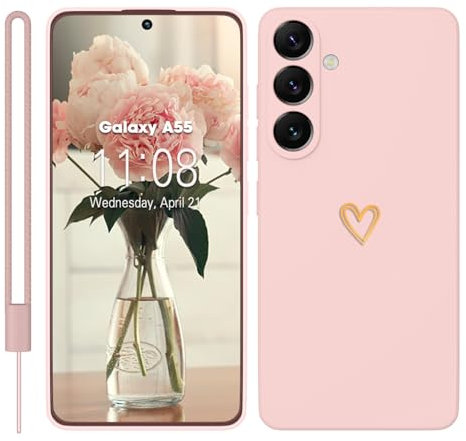 KPPIT Per Samsung Galaxy A55 5G Custodia in silicone con cuore d'amore, ultra sottile oro Love, protezione completa antigraffio per Samsung Galaxy A55, rosa