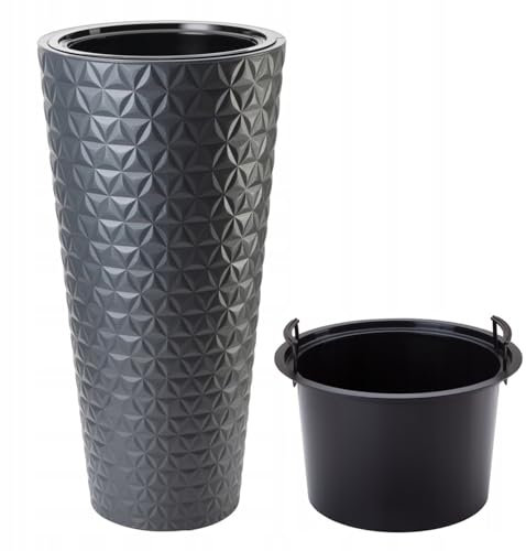 B2C Round Tall Plant Pot Elegant Large Flower Indoor Outdoor Garden Planters 3D Diamond Texture Plastic Lightweight Modern Patio Home Decoration With Insert (Anthracite, H58cm x D 29.5cm)