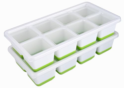 Ice Cube Tray, 2 Pack Large Ice Cube Moulds, Easy Release BPA-Free Ice Trays for Freezer, Silicone Ice Cube Tray with Lid for Whiskey, Cocktails, Drinks(Green)
