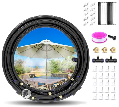 Kuptone Nebulizador Terraza 22(18+4) M Refrigeración por Niebla, 18 Boquillas de Niebla, Cubierta de Niebla Premontada para Sombrillas, Toldos, Invernaderos, Adaptador de Latón (3/4)