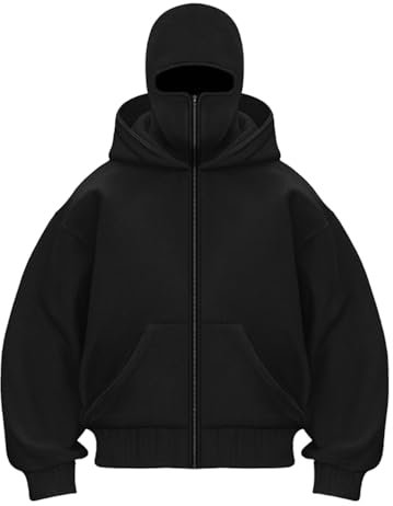 CCOOfhhc Balaclava Zip Hoodie Herren Ninja Hoodie mit Sturmhaube Oversized Jacke mit Doppel Kapuze Y2K Hoodie mit Fleece Winddichte Übergangsjacke Winter Motor Fahrrad Mask Jacke 2025