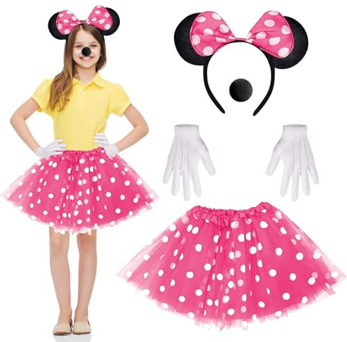 Dwafill Costume de Souris, 4-Pack Costume Carnaval, Avec Serre-Tête Oreilles Souris, Nez Souris, Jupe Tulle Rouge, Gants Blancs, Adultes, Enfants, Déguisement Carnaval Femme (Rose rouge, Enfant)