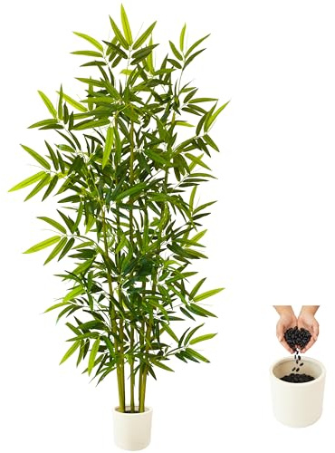 Warmplants Artificial Bamboo Tree, 6ft Tall Fake Bamboo Plant with White Planter, Faux Trees with 5 Trunks and Lifelike Leaves for Indoor Outdoor Home Office Décor