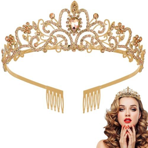 Tiara Kristallkrone mit Strasskamm Silber Strass Tiara Hochzeit Tiara Hochzeit Braut Strass Krone für Geburtstags Hochzeit Abschlussball Prinzessinnenpartys (Hellbraun)
