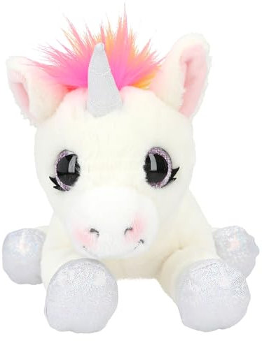 Depesche 11493 Ylvi - Kuscheltier Einhorn liegend, in Weiß und mit bunter Mähne in Regenbogenfarben, ca. 30 cm großes Plüschtier mit silbernen Akzenten